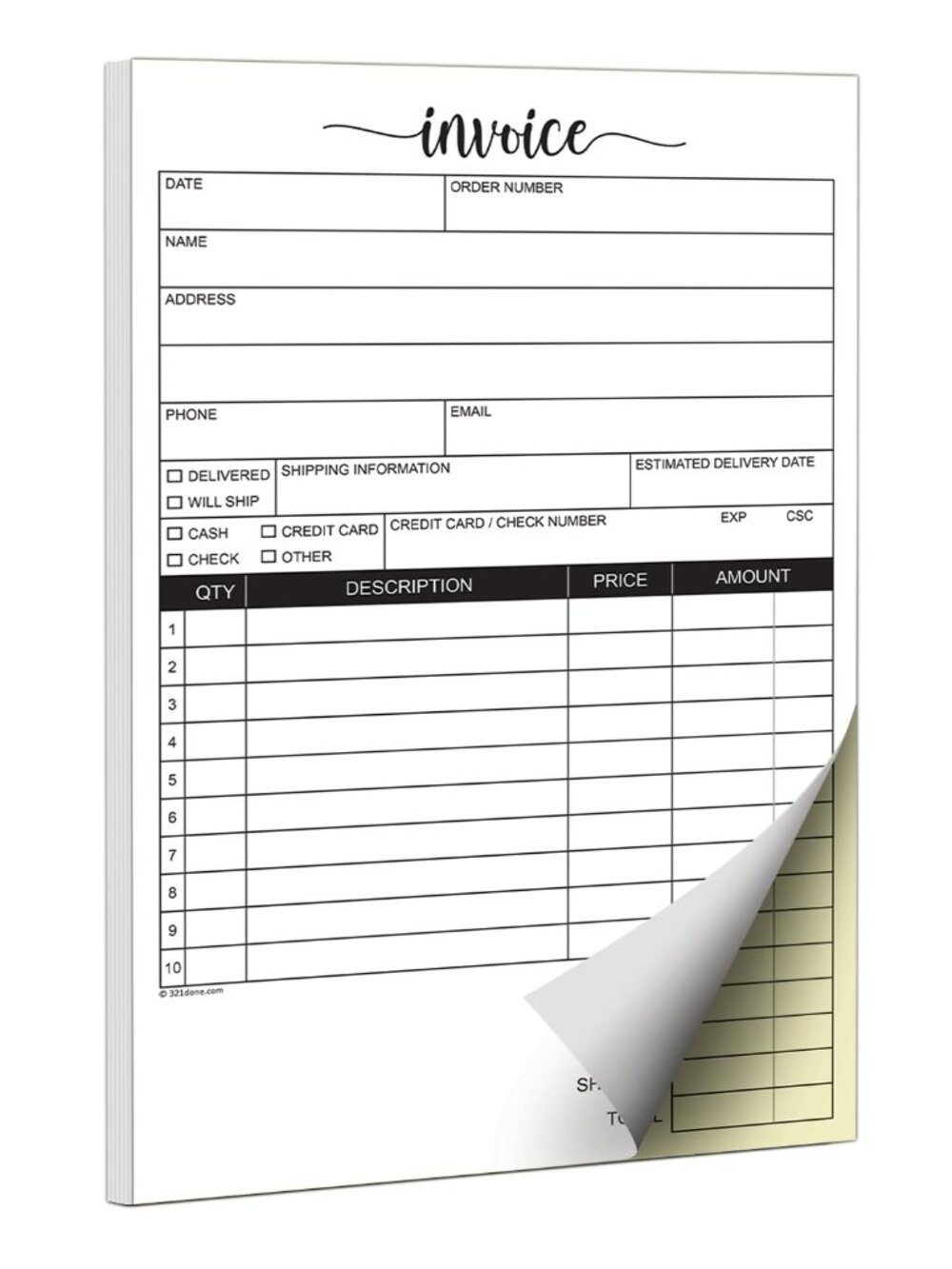 321Done Invoice Pad with Carbon Copies, 2-Part, 5.5x8.5 Inches, 50 Sets